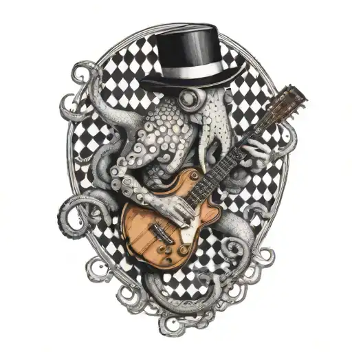 an octopus in a black and white checked bowler hat, holding a guitar in one arm and a diving tank in the other tattoo design idea