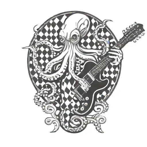 octopus in black and white check, guitar in the background tattoo design idea