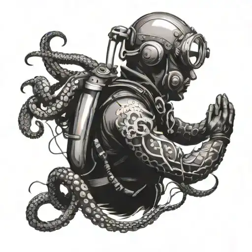 A black and grey portrait of a ska-loving diver exploring the depths of the ocean with an octopus companion tattoo design idea