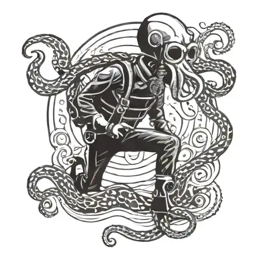 A black and grey portrait of a ska-loving diver exploring the depths of the ocean with an octopus companion tattoo design idea