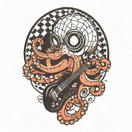 an octopus with a black and white checkered diving mask, with a guitar in the background, tattoo design idea