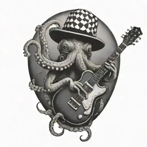 an octopus in a black and white checked bowler hat, holding a guitar in one arm and a diving tank in the other tattoo design idea