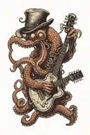 an octopus in a flat cap holding a diving tank and a guitar tattoo design idea
