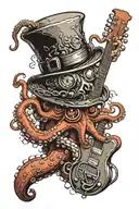 an octopus in a top hat holding a diving tank, a guitar, tattoo design idea