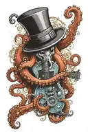 an octopus in a top hat holding a diving tank, a guitar, tattoo design idea