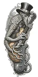 an octopus in a top hat playing a guitar on his shoulder and holding a diving tank tattoo design idea