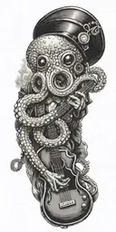 an octopus in a top hat playing a guitar on his shoulder and holding a diving tank tattoo design idea