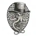 an octopus in a black and white checked bowler hat, with a guitar in the background, tattoo design idea