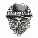 an octopus in a black and white checked bowler hat, with a guitar in the background, tattoo design idea