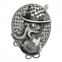 an octopus in a black and white checked bowler hat, with a guitar in the background, tattoo design idea