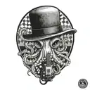 an octopus in a black and white checked bowler hat, with a guitar in the background, tattoo design idea