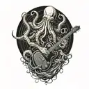 an octopus holding a diving tank and a guitar tattoo design idea