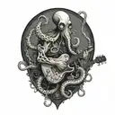 an octopus holding a diving tank and a guitar tattoo design idea