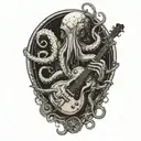 an octopus holding a diving tank and a guitar tattoo design idea