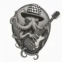 an octopus in a black and white checked bowler hat, holding a guitar in one arm and a diving tank in the other tattoo design idea