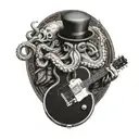 an octopus in a black and white checked bowler hat, holding a guitar in one arm and a diving tank in the other tattoo design idea