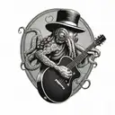 an octopus in a black and white checked bowler hat, holding a guitar in one arm and a diving tank in the other tattoo design idea