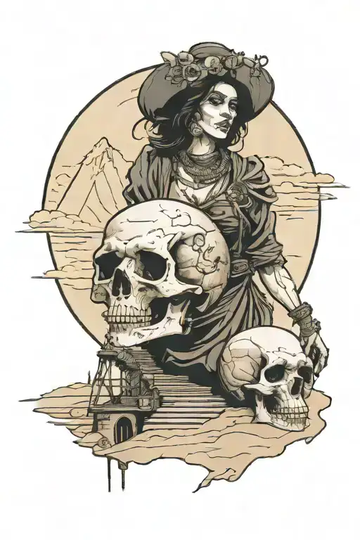  woman and child walking on a stairway through the Sands of Time,  raven a broken time piece illuminated skull tattoo design idea