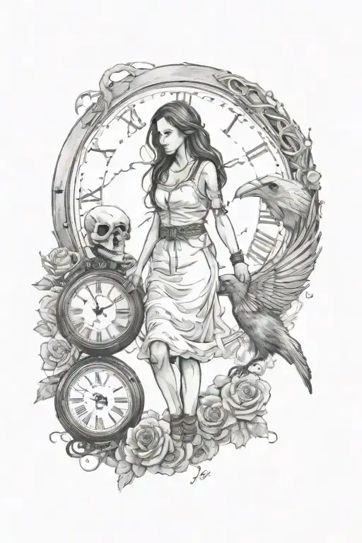 a woman and a little girl holding hands walking towards the end of time. With a skull, a raven and a broken time piece  tattoo design idea