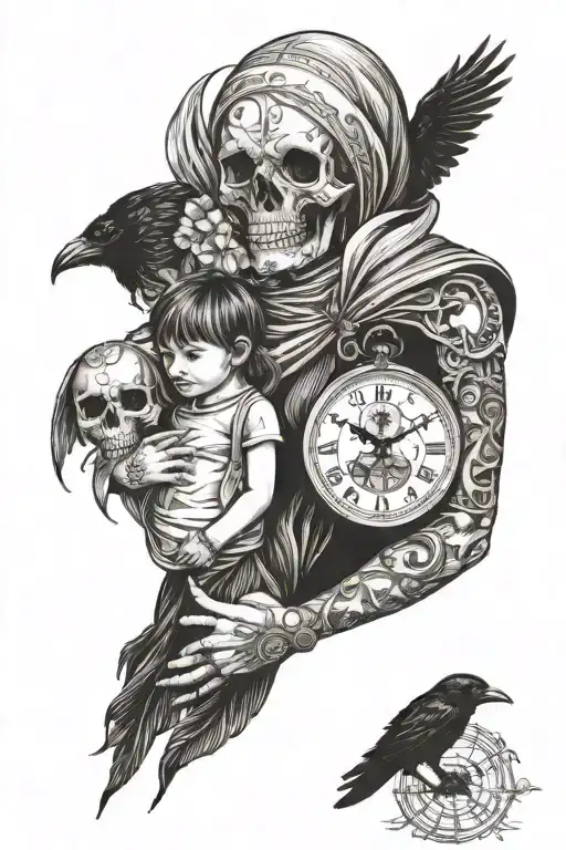 Woman and child walking hand-in-hand with the raven illuminated skull and broken time piece tattoo design idea