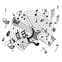 A cat surrounded by musical instruments like guitars, drums, and keyboards tattoo design idea