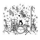 A cat surrounded by musical instruments like guitars, drums, and keyboards tattoo design idea
