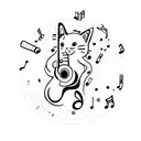 A cat surrounded by musical instruments like guitars, drums, and keyboards tattoo design idea