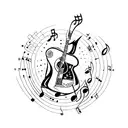 A cat surrounded by musical instruments like guitars, drums, and keyboards tattoo design idea