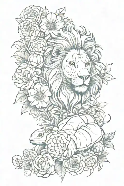 lion and turtle and flowers tattoo design idea