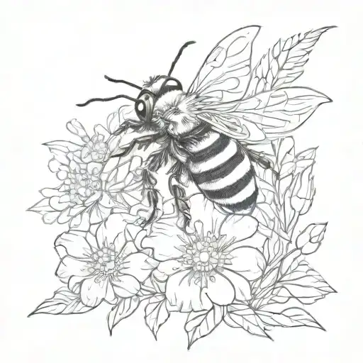 bumble bee on flowers blooming tattoo design idea