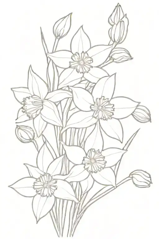 daffodil,  paperwhite narcissus, aster flowers wrapped together into a bouquet or vine tattoo design idea