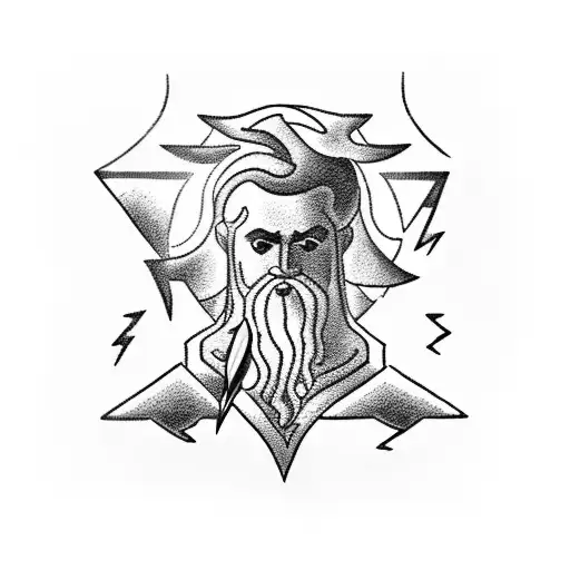A blackwork tattoo of Zeus holding a lightning bolt tattoo design idea