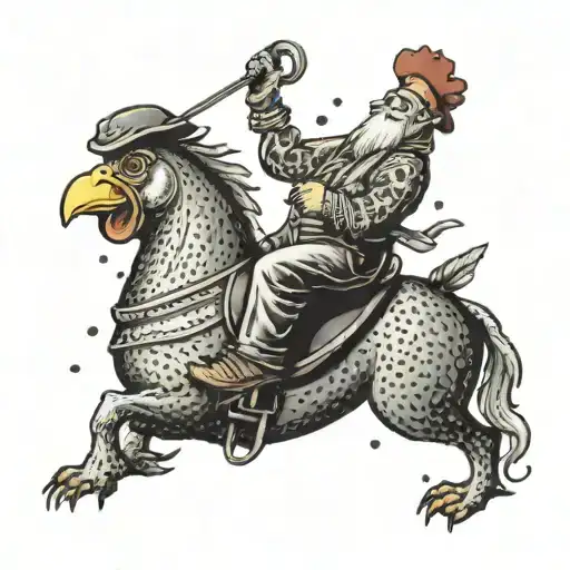 pickle riding a chicken lassoing a strip of bacon  tattoo design idea