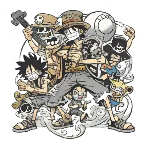 A fusion tattoo of characters from One Piece and Fairy Tail engaging in a musical battle tattoo design idea