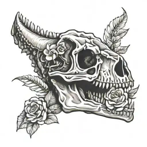 dinosaur skull with flowers tattoo design idea