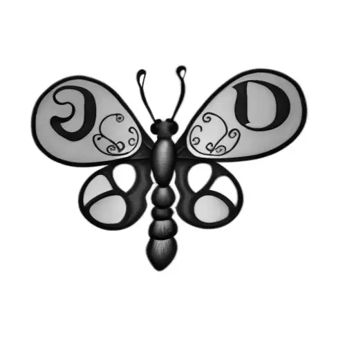 butterfly with initials and more detailed lines with fancy details tattoo design idea