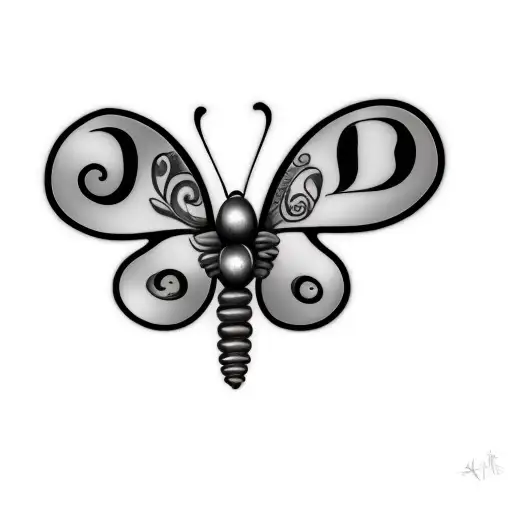 butterfly with initials and more detailed lines with fancy details tattoo design idea