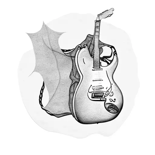 A guitar with rock music notes and a stylish leather jacket draped over it tattoo design idea