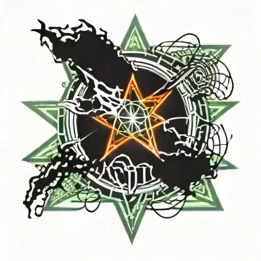 chaos star with a men standing with an arm rise and the write wake up in it tattoo design idea