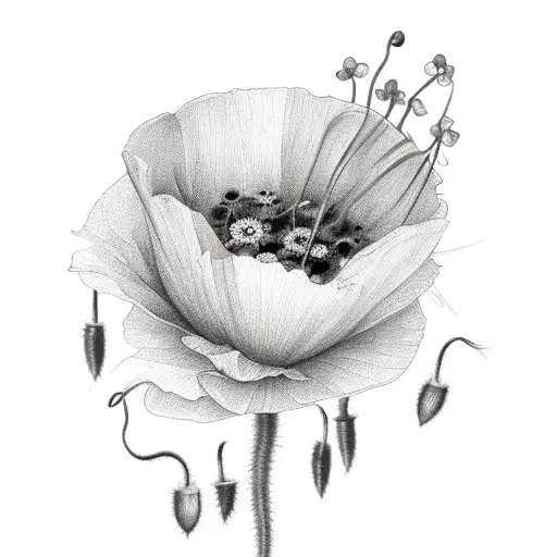 bouquet of forget me not, poppy and blueberry tattoo design idea