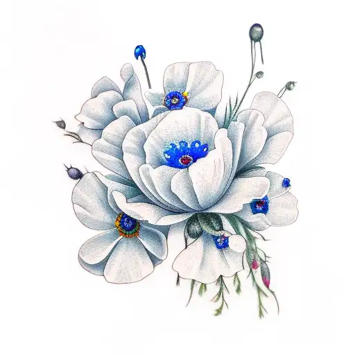bouquet of forget me not, poppy and blueberry tattoo design idea