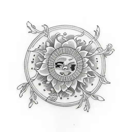 pocket watch surrounded by daffodils as well as the sun and moon tattoo design idea