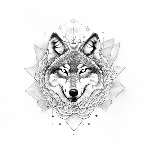 Wolf with red eyes and with a rose in his mouth tattoo design idea