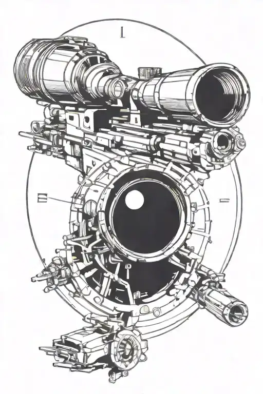 An edgy tattoo design of a sniper aiming through a scope, with Formula 1 cars speeding by in the background tattoo design idea