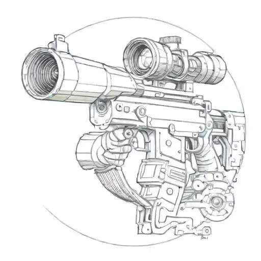 An edgy tattoo design of a sniper aiming through a scope, with Formula 1 cars speeding by in the background tattoo design idea