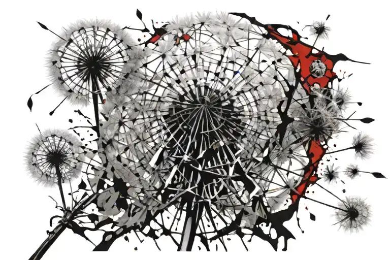 Dandelion with Seeds Turning into Thorns: A dandelion being blown, with some of the seeds transforming into thorns or ba tattoo design idea