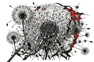 Dandelion with Seeds Turning into Thorns: A dandelion being blown, with some of the seeds transforming into thorns or ba tattoo design idea