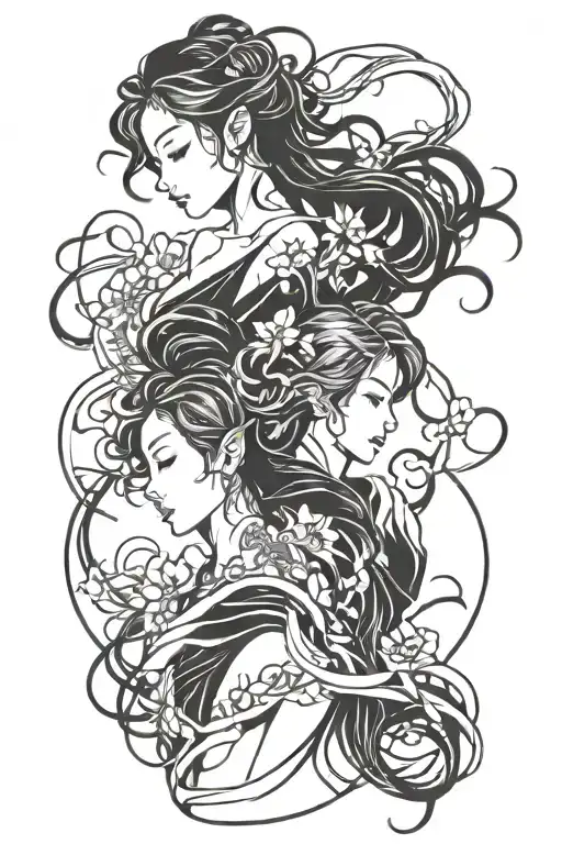 Make black ink tattoo with two adult girls entwined. Make it like manga panel with simple lines. tattoo design idea