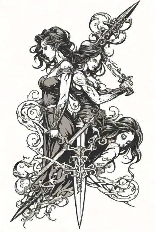 Make black ink tattoo with two adult girls entwined. Put a one claymore  sword stabbed in the back. Make it simple. tattoo design idea