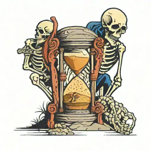 Skeleton trying to put sand back inside of an hourglass standing next to an open grave tattoo design idea